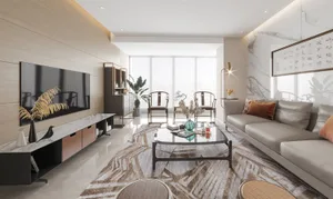 A modern living room with marble accents and a contemporary design.