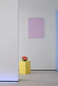 A minimalist white room with a yellow pedestal holding a half of watermelon.