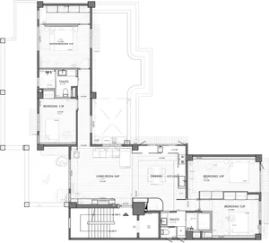 A minimalist residential space floor plan featuring wood, concrete, and glass materials.