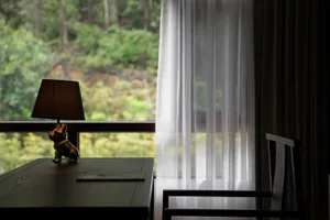 A minimalist room with a window view of wooded landscape, featuring a wooden desk with a decorative lamp and a chair, and she