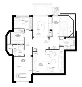 Floor plan of a modern living space with living room, dining room, and kitchen areas.