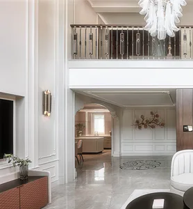 Luxurious interior design featuring modern furniture, marble flooring, and minimalist decor.