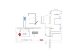 Floor plan of a modern residential apartment featuring contemporary design elements such as concrete walls, wooden flooring, 