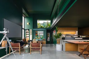 Modern living space featuring contemporary design with concrete materials.