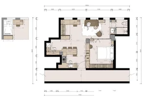 Floor plan of a modern apartment with compact living and sleeping spaces, featuring concrete walls, wood floors, metal furnit