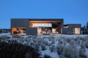 A modern, minimalist residential exterior featuring large glass panels and wooden panels.