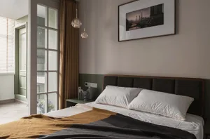 Minimalist bedroom with brown, white, and gray color scheme, featuring a bed with pillows, a blanket, and a wooden headboard