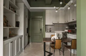 A modern kitchen with wooden cabinets and a wooden dining table.