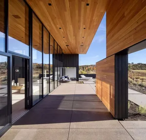A modern residential patio featuring glass walls, wooden walls, and concrete floor.