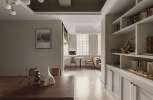 A modern living room with wooden furniture, white walls, and a bookshelf filled with books and decorative items.