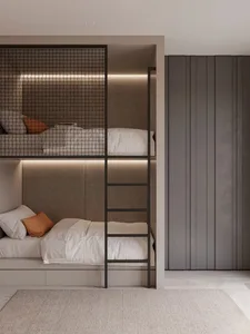 Modern bunk bed with minimalist design and contemporary furniture in a bedroom