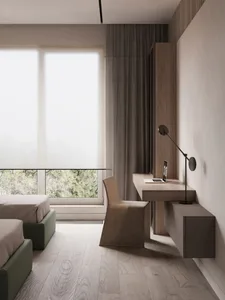 A minimalist bedroom featuring wood furniture, large windows with curtains, and a floating desk with a laptop.
