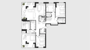 Floor plan of a modern apartment showing living areas, bedrooms, bathrooms, and kitchen.
