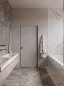 Modern bathroom with a combination of marble and concrete materials.