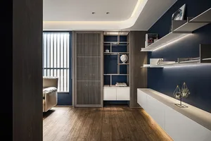 A modern office space featuring wood paneling, glass walls, and metallic accents.