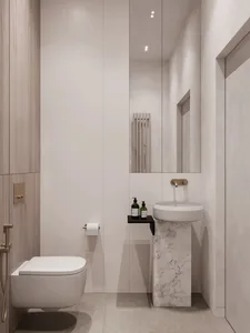 A modern bathroom with concrete walls, a geometric pedestal sink, and minimalist decor.
