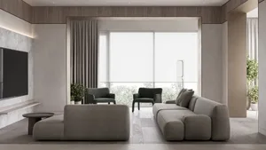 Modern industrial living room featuring wooden paneling.
