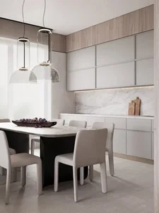 Modern minimalist living room with marble accents and wooden elements