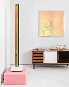Minimalist living room with a glass art installation