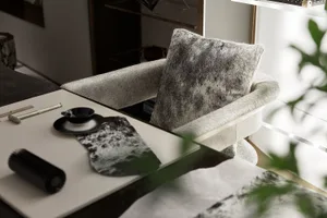 Minimalist living room featuring a cowhide accent pillow and chair.