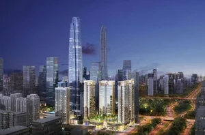 Modern cityscape featuring high-rise buildings constructed with glass, concrete, and steel materials.