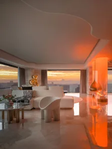 Modern living room with marble interior design.