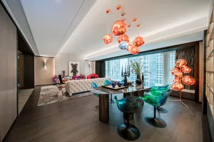 Modern living room featuring a combination of materials and contemporary design elements.