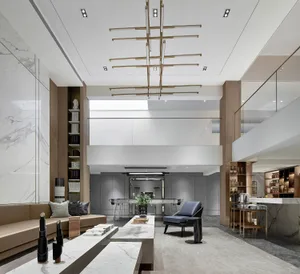 A modern living space featuring marble and concrete materials.