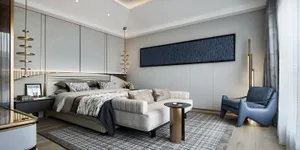 A modern minimalist bedroom featuring a sleek bed and matching furniture.