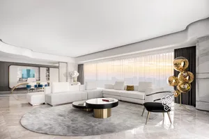 Contemporary living room featuring minimalist design with modern materials, clean lines, and a sleek, sophisticated aesthetic