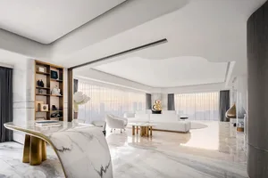Modern minimalist living room with marble flooring, gold accents, and white furniture.
