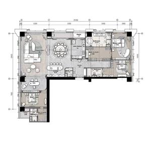 Floor plan layout of a modern residential interior featuring wood tiles and marble finishes.