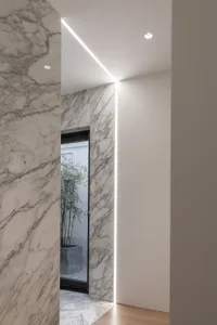 Modern marble entrance hall with linear lighting and a potted plant.