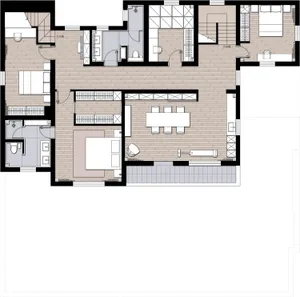 Modern floor plan with gray tones in a contemporary interior design layout.