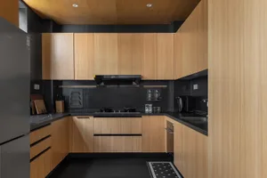 Modern residential kitchen with minimalist design, featuring wooden cabinets, marble countertops, and stainless steel applian