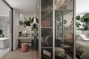 Modern bedroom showcasing concrete, glass, wood, and metal materials and design