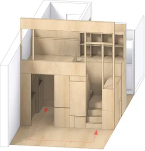 A modern loft apartment with wooden floors, featuring a mezzanine level bedroom and storage space, designed with minimalist s