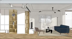 A modern minimalist living room with concrete walls and wooden furniture.