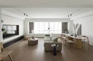 Modern minimalist living room with wood furniture and white walls