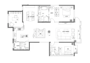 2D architectural representation of a contemporary residential layout with modern furnishings.