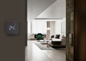 A modern residential living room with contemporary furniture, wooden flooring, leather accents, and fabric upholstery.