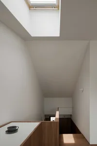 Modern residential staircase with wooden steps and a skylight above.