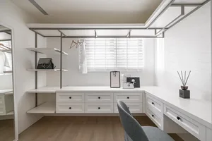 A modern white closet featuring minimalist design elements, including white shelves, drawers, and a sleek ceiling light fixtu