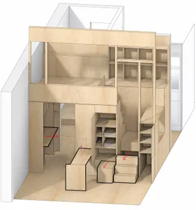 An architectural rendering of a multi-story loft with wooden elements.