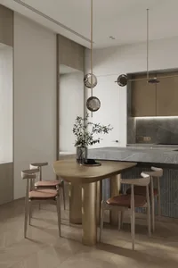 Modern kitchen with a dining table made of a combination of metal and marble, featuring minimalist design elements.