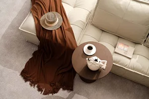 A cozy living room scene with a blanket draped over a couch, accompanied by a tea set and a book.