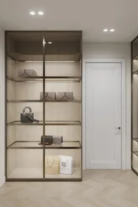 Modern closet with transparent shelving displaying handbags and shopping bags.