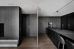 A modern apartment interior featuring a dark wood kitchen with marble countertops and backsplash.