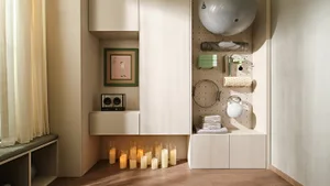 A minimalistic exercise room with wooden flooring, metal shelves, fabric towels, and rubber fitness equipment.