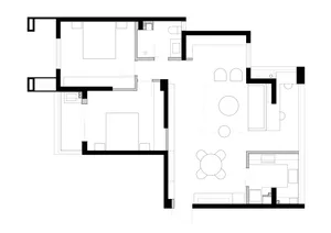 2D architectural drawing of a modern floor plan with black and white lines, depicting rooms, walls, and furniture layout.